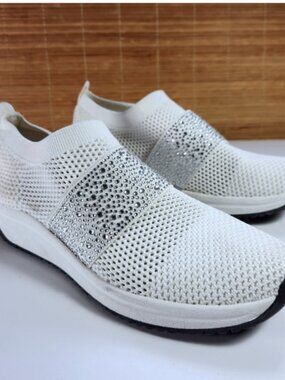 Anne Klein AK Sport White Knit Rhinestone Slip On Sneakers Shoes Womens Size 6